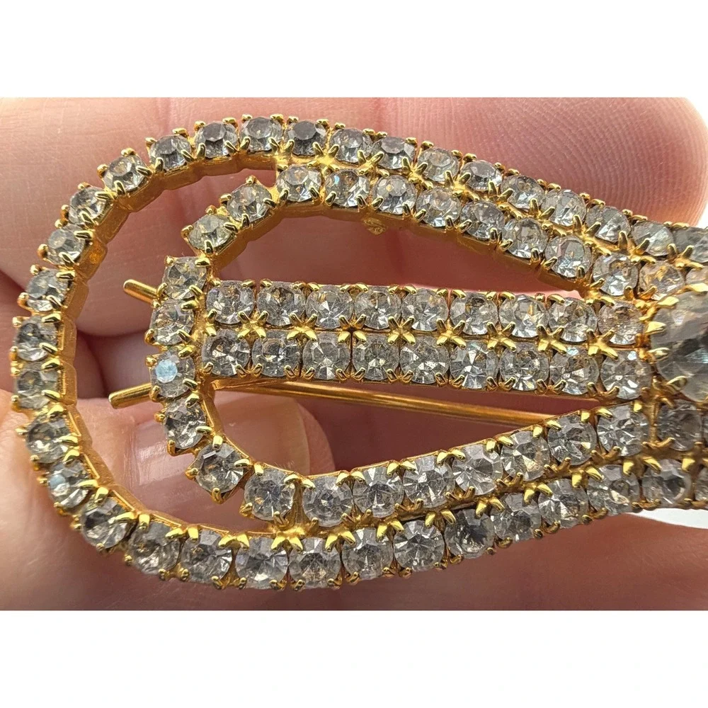 Vintage Hobe Rhinestone Bow Hair Barrette Gold Tone 3.5